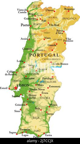 Highly detailed physical map of Portugal,in vector format,with all the relief forms,regions and big cities. Stock Vector