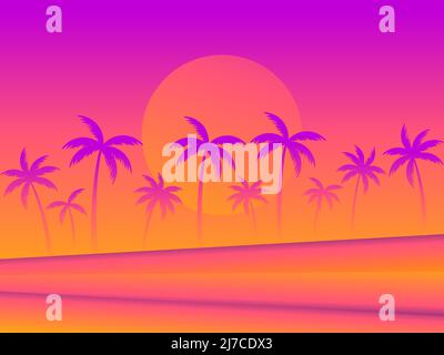 Palm trees at sunset. Tropical palm landscape with gradient color. Summer time poster. Design for posters, banners and promotional items. Vector illus Stock Vector