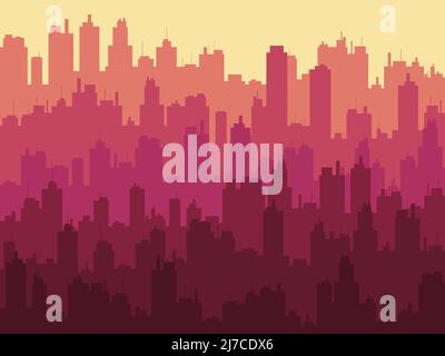 City at sunset. Summer heat in the city. The outlines of the construction of skyscrapers and city streets. City skyline for print, posters and promoti Stock Vector