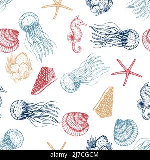 Sea Animals Sketched Seamless Pattern. Marine Life Creatures Hand drawn surface pattern design. Stock Vector