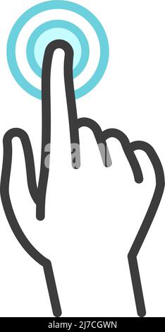 Phone hand gesture. Black icon palm with finger presses blue button, smartphone or tablet with touchscreen gestures, control in application or on Stock Vector