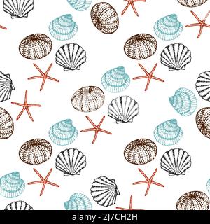 Sea Animals Sketched Seamless Pattern. Marine Life Creatures Hand drawn surface pattern design. Stock Vector
