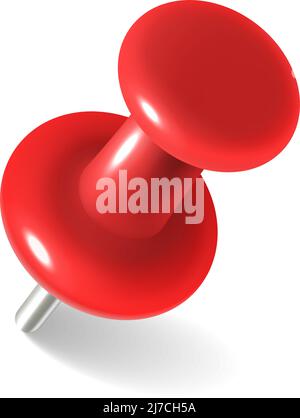 Pin paper clip. Realistic red pushpin, plastic button with metal needle, thumbtack for attaching reminders to note board, office stationery isolated Stock Vector