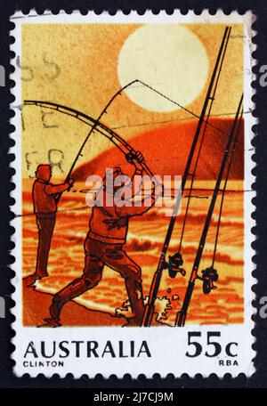 AUSTRALIA - CIRCA 1979: a stamp printed in the Australia shows Surf Fishing, Sport Fishing, circa 1979 Stock Photo