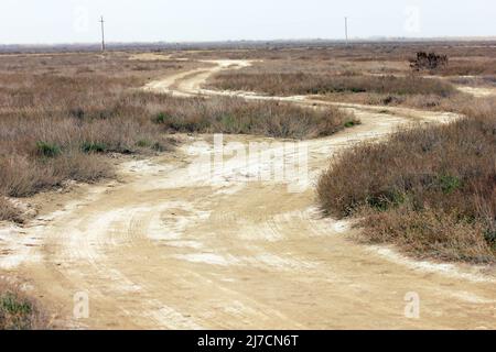 A winding road in the steppe that goes into the distance. Stock Photo