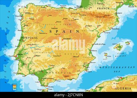 Highly detailed physical map of Spain,in vector format,with all the relief forms,regions and big cities. Stock Vector