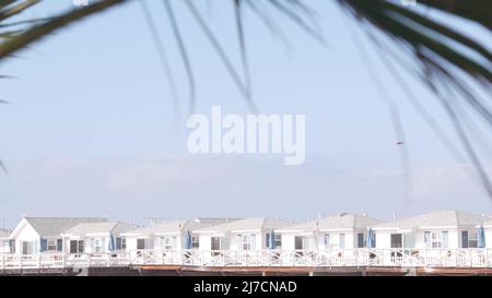 Palm tree and wooden Crystal pier with cottages, California ocean beach, USA. Summer vacations beachfront houses on Mission beach, San Diego shore. White homes, sky, waterfront bungalows on sea coast Stock Photo