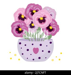 Seven pink pansies in a vase, colorful illustration Stock Vector