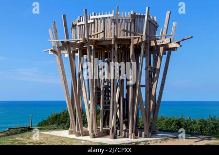 'Love Tower' platform in wood and metal by Tadashi Kawamata. La Littorale: International biennial of contemporary art Anglet-Cote Basque. Anglet, Pyrenees-Atlantiques, France Stock Photo