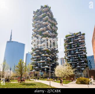 General view of Bosco Verticale (Vertical Wood), a complex of two ecological residential towers covered with trees in Milan, Italy. Stock Photo