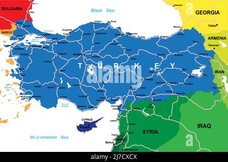 Highly detailed vector map Turkey of  with administrative regions,main cities and roads. Stock Vector