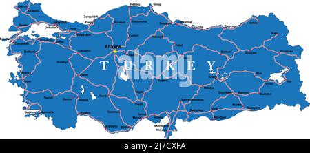 Highly detailed map of Turkey with main cities and roads. Stock Vector