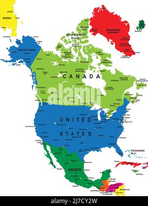 Political map of North America in vector format with country borders and main cities. Stock Vector