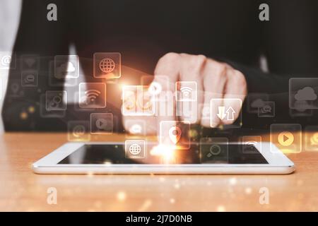 Hand businessman use tablet network connection 5G. Global network connection 5G with icon concept Technology network wireless systems and internet of Stock Photo