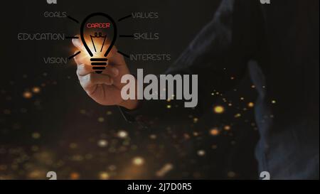 Man hand use pen drawing abstract virtual light bulb hologram with career skills text. Job and idea concept Stock Photo