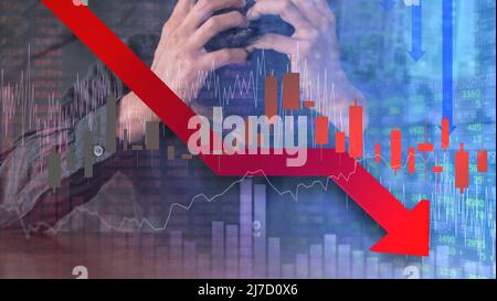 All world stock fail background and digital red number on stock board. Concept of financial crisis. Stock market down trend and despair broker man on Stock Photo