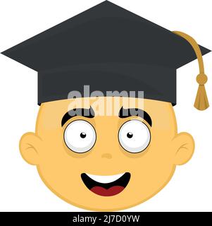 Vector illustration of the face of a yellow cartoon character with a graduation hat Stock Vector