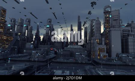 3d rendering. Futuristic city and spaceships Stock Photo