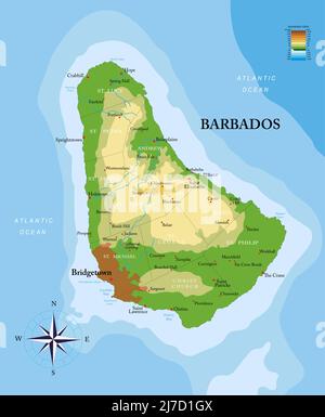 Highly detailed physical map of Barbados island ,in vector format,with all the relief forms,regions and big cities. Stock Vector