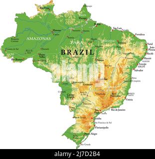 Highly detailed physical map of the Brazil,in vector format,with all the relief forms,regions and big cities. Stock Vector