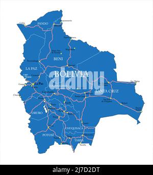 Highly detailed vector map of Bolivia with administrative regions, main cities and roads. Stock Vector