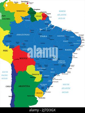 Highly detailed vector map of Brazil with administrative regions,main cities and roads. Stock Vector