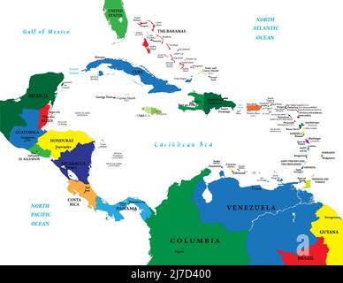 Highly detailed vector map of the caribbean area with all countries and main cities. Stock Vector