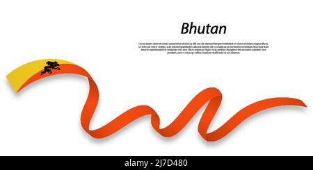 Waving ribbon or banner with flag of Bhutan . Template for independence day poster design Stock Vector
