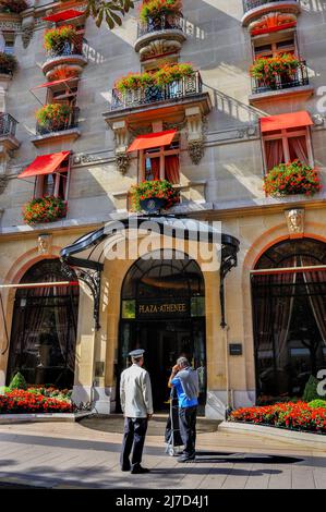 Paris, France-  Luxury Hotel Exterior, Hotel Plaza Athenée, Front Façade, Avenue Montaigne, Concierge, Front Door, Outside Stock Photo