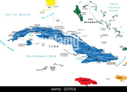 Highly detailed vector map of Cuba with administrative regions,main cities and roads. Stock Vector