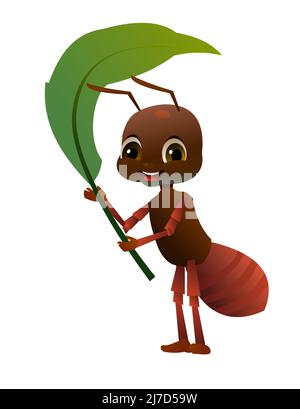 Brown ant with leaf. Wildlife object. Little funny insect. Cute cartoon style. Isolated on white background. Vector. Stock Vector