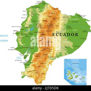 Highly detailed physical map of Ecuador,in vector format,with all the relief forms,regions and big cities. Stock Vector