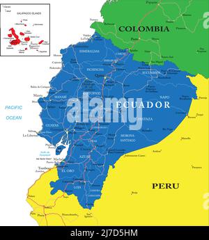 Highly detailed vector map of Ecuador with administrative regions, main cities and roads. Stock Vector