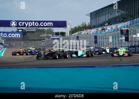 Miami Gardens, Florida, 08/05/2022, British W Series driver Jamie Chadwick leads the pack into turn one of the during the second W Series race at the Formula One Grand Prix of Miami at the Miami International Autodrome in Miami Gardens, Florida on Sunday May 8, 2022.   Photo by Greg Nash/UPI Stock Photo