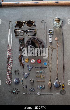Flat lay of contents of the bag. Stock Photo