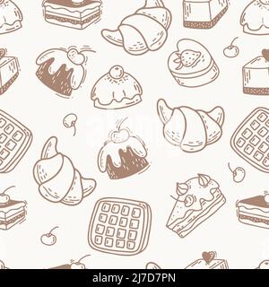 Seamless pattern with waffles, croissants, cakes, dessert, cupcakes and pieces of cake on white background. Vector illustration. Linear hand drawn doo Stock Vector