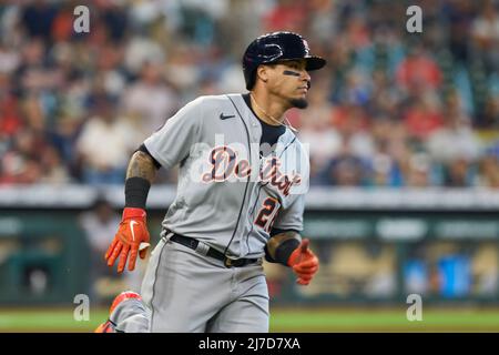 May 7 2022: Detroit shortstop Javier Baez (28) gets a hit during the game with Detroit Tigers and Houston Astros held at Minute Maid Park in Houston Tx. David Seelig/Cal Sport Medi Stock Photo