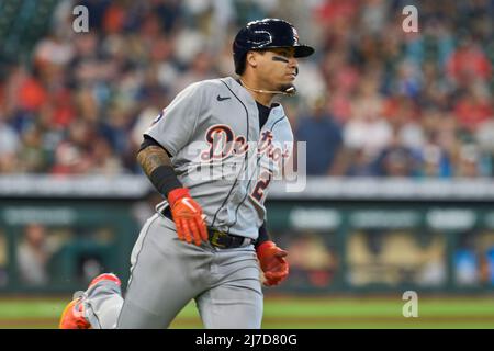 May 7 2022: Detroit shortstop Javier Baez (28) gets a hit during the game with Detroit Tigers and Houston Astros held at Minute Maid Park in Houston Tx. David Seelig/Cal Sport Medi Stock Photo