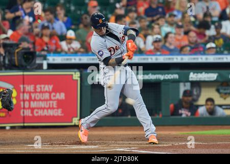 May 7 2022: Detroit shortstop Javier Baez (28) gets a hit during the game with Detroit Tigers and Houston Astros held at Minute Maid Park in Houston Tx. David Seelig/Cal Sport Medi Stock Photo