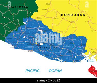 Highly detailed vector map of El Salvador with administrative regions, main cities and roads. Stock Vector