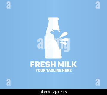 Fresh milk glass bottle,  splash, fresh organic milk logo design. Dairy and milk product , fresh natural food, healthy eating vector design. Stock Vector