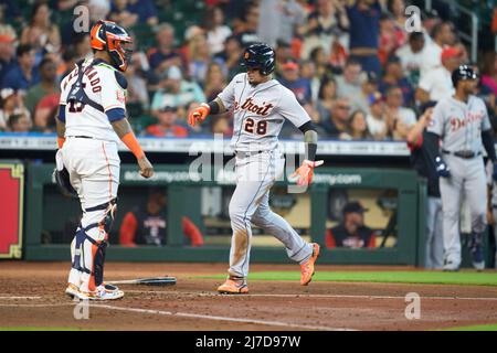 May 7 2022: Detroit shortstop Javier Baez (26) scores a run during the game with Detroit Tigers and Houston Astros held at Minute Maid Park in Houston Tx. David Seelig/Cal Sport Medi Stock Photo