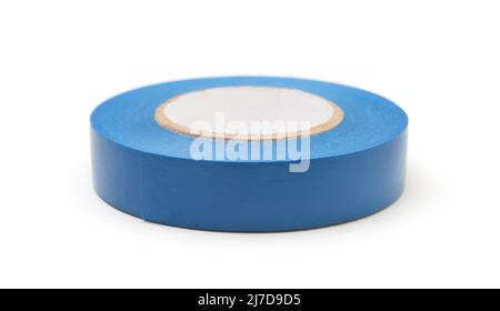 Roll of l blue electrical plastic tape isolated on white. Stock Photo