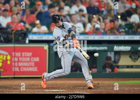 May 7 2022: Detroit shortstop Javier Baez (26) gets a hit during the game with Detroit Tigers and Houston Astros held at Minute Maid Park in Houston Tx. David Seelig/Cal Sport Medi Stock Photo