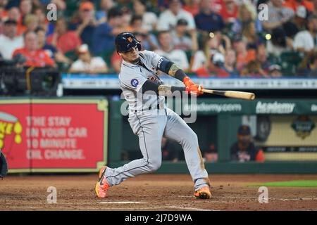 May 7 2022: Detroit shortstop Javier Baez (26) gets a hit during the game with Detroit Tigers and Houston Astros held at Minute Maid Park in Houston Tx. David Seelig/Cal Sport Medi Stock Photo