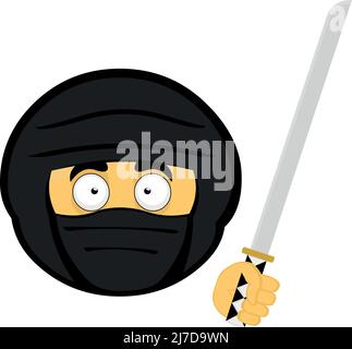 Vector illustration of the head of a cartoon ninja character with a sword in his hand Stock Vector