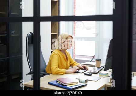 Mature female graphic designer concentrating on her work on computer with graphic tablet at study at office Stock Photo
