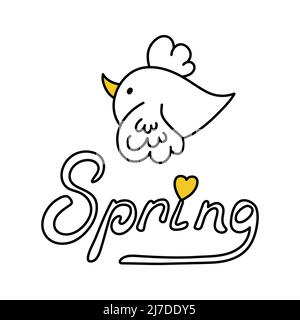 Cute spring lettering. Funny cartoon bird in doodle style. Sloppy inscription with the word Spring. Simple clipart for stickers, logos, cards. Children's funny drawing by hand. Print for baby clothes. Stock Vector