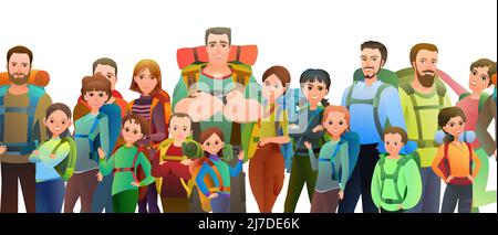 Man, women and child tourist backpacker. Backpack on his back. Cheerful person. Standing pose. Cartoon comic style flat design. Single character. Seam Stock Vector