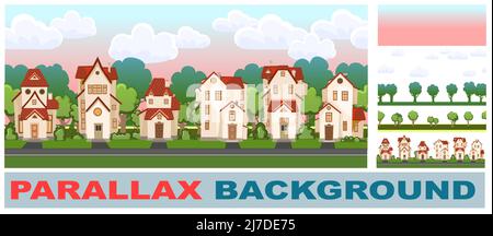 Street. Set parallax effect. Cartoon houses with trees. Village or town. Seamlessly. Beautiful, cozy country house in traditional European style. Nice Stock Vector